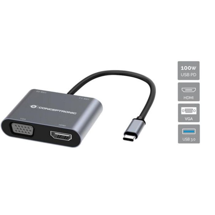Conceptronic Hub USB Tipo C Donn16 gr - Adaptador 4 en 1 USB-C a HDMI/VGA/USB-C PD/USB 3.0, Soporta 4K 30Hz, Compatible con Windows, Mac OS, Chrome OS 0 Conceptronic Hub USB Tipo C Donn16 gr - Adaptador 4 en 1 USB-C a HDMI/VGA/USB-C PD/USB 3.0, Soporta 4K 30Hz, Compatible con Windows, Mac OS, Chrome OS 0