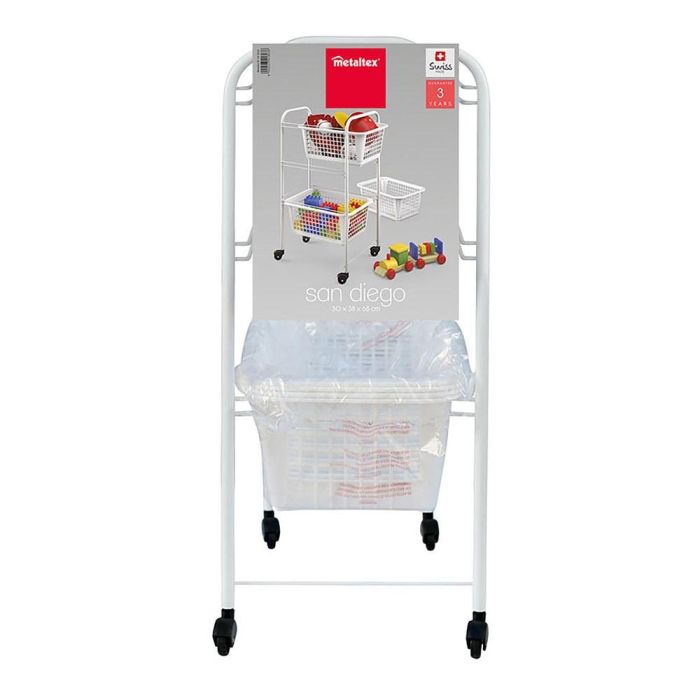 Metaltex San Diego - Carrito Auxiliar Multiusos de Metal con 3 Cestos Extraíbles, 4 Ruedas, Color Blanco, 30 x 38 x 68 cm