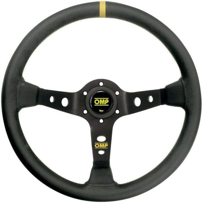 OMP OMPOD0-1956-071 Volante Corsica Piel 350 mm Brazos Negro Detalle Amarillo Empuñadura Ovalada 3 Brazos Desplazamiento 95mm
