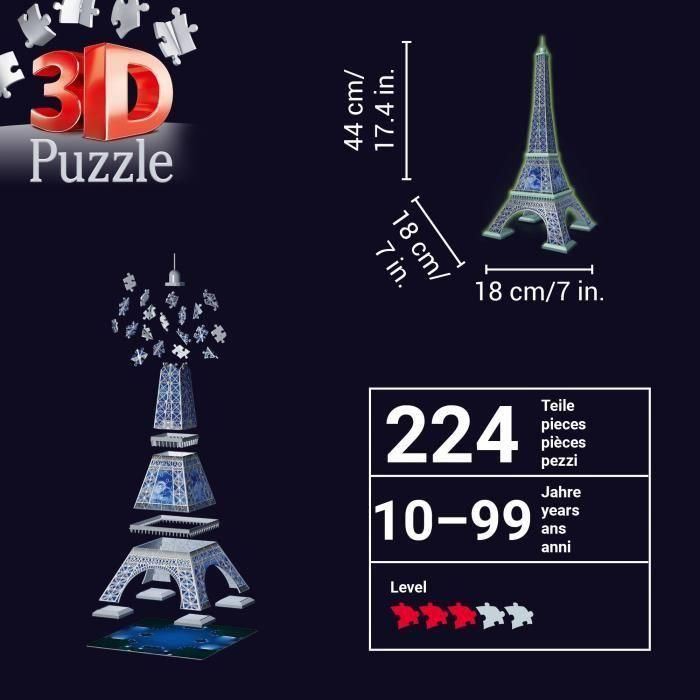 Ravensburger - Puzzle 3D Torre Eiffel Fosforescente 50 años - A partir de 10 años - 216p numerados para montar sin pegamento - Accesorios incluidos - 11591 4