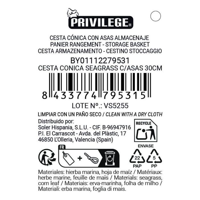 Inde Cesta Cónica Seagrass con Asas 30 cm 10 Inde Cesta Cónica Seagrass con Asas 30 cm 10