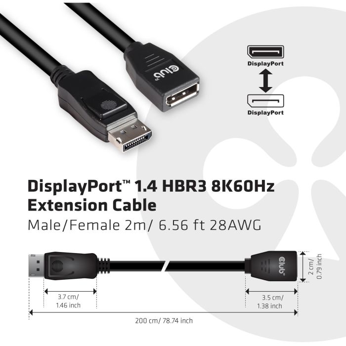 Club3D CAC-1022 Cable Extensión DisplayPort 1.4 Macho/Hembra 8K@60Hz - 2 Metros para 7680x4320 6 Club3D CAC-1022 Cable Extensión DisplayPort 1.4 Macho/Hembra 8K@60Hz - 2 Metros para 7680x4320 6
