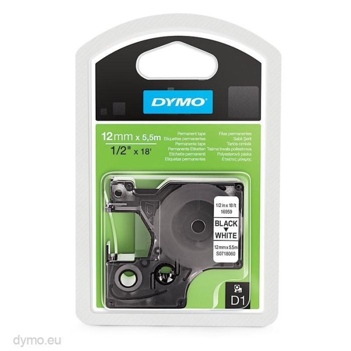 Dymo Cinta de Poliéster Permanente D1 16959, Negro sobre Blanco, 12 mm x 5.5 mm Dymo Cinta de Poliéster Permanente D1 16959, Negro sobre Blanco, 12 mm x 5.5 mm
