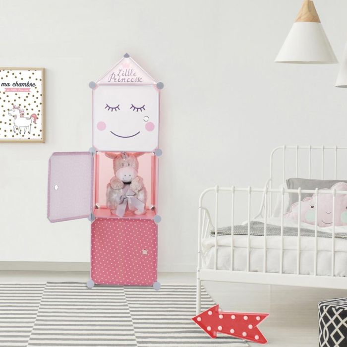 Home Deco Kids Estantería Modular 3 Cubos Rosa para Niños con Puerta y Triángulo Decorativo 3
