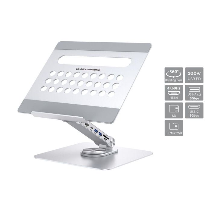 CONCEPTRONIC soporte portatil con docking 7 en 1, base giratoria de 360°, plegable, altura ajustable