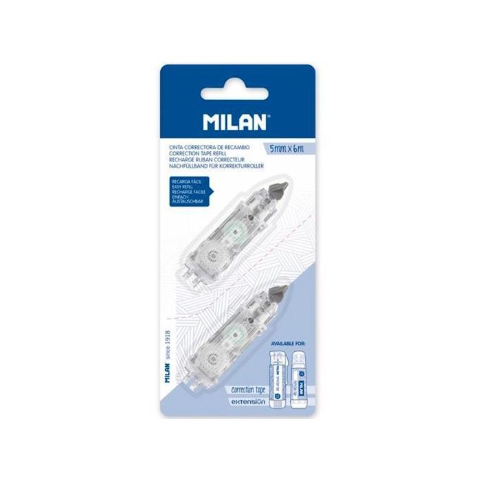Milan Recambio Cinta Correctora Cilíndrica y Extensión 5 mm x 6 M Blíster 2 Unidades