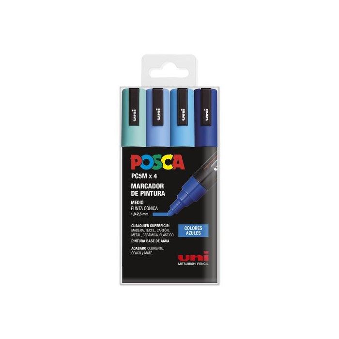 POSCA Marcador PC-5M-4C No Permanente 1.8 mm-2.5 mm, Colores Surtidos Azules, Estuche 4U