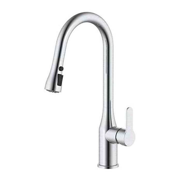 Verhal Grifo de Cocina Monomando Caño Alto Extraíble Plateado Cepillado, Inox 304, Ducha con Pulsador y Caño Giratorio, Serie Trazo