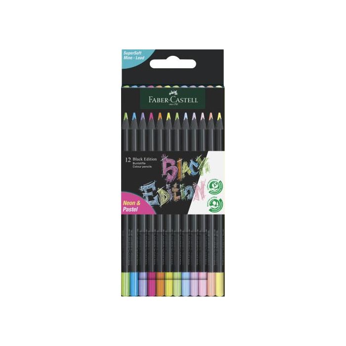 Faber-Castell Estuche Cartón 12 Lápices de Color Neon Black Edition, Mina Superblanda, Madera Negra, 116410