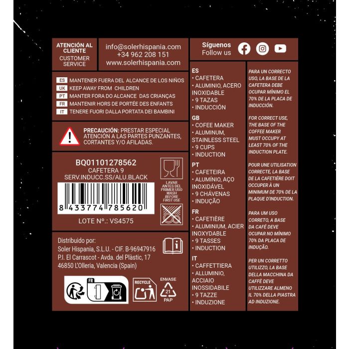 Quttin Cafetera Inducción 9 Servicios Acero Inoxidable/Aluminio Negra - 11.7 x 20.7 x 19 cm (6 Unidades) 6