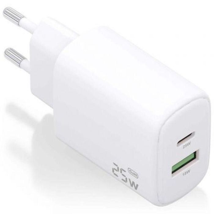 Cargador GaN de Pared Aisens A110-0911/ 1xUSB Tipo-C/ 1xUSB/ 25W/ Blanco