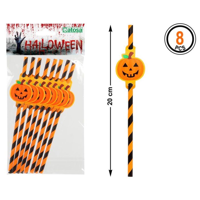 Pajillas Halloween 20 cm Con Adorno De Calabaza 8 Unidades Fiesta Temática Cartón