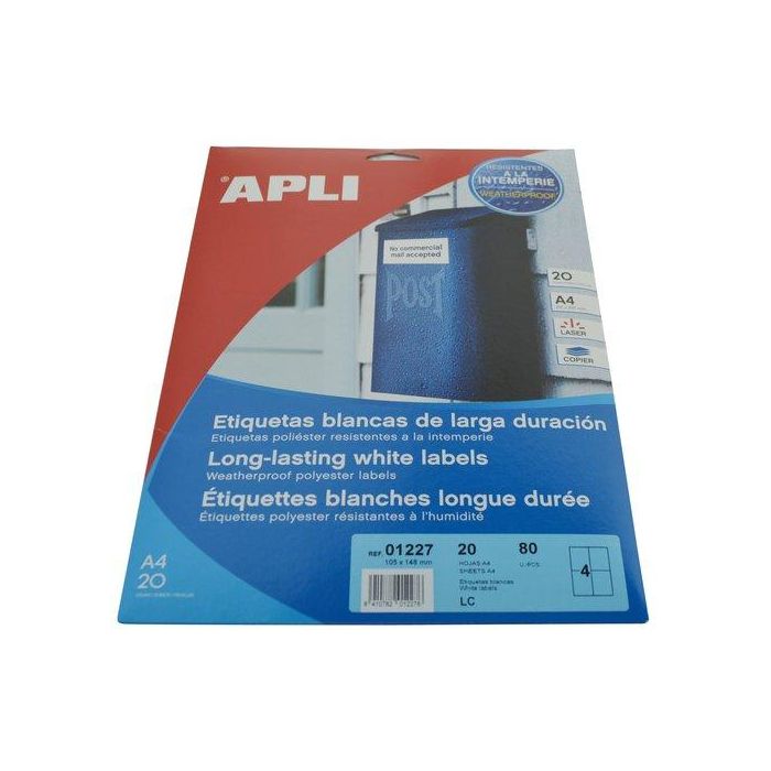 Apli Etiquetas Adhesivas 105x148 mm para Láser, 80 Unidades, Poliéster Blanco, Resistente a Intemperie