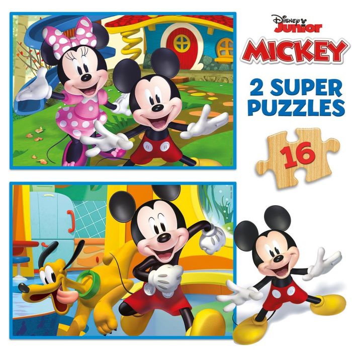 Educa 19287 Puzzle 2x16 Mickey y Minnie de madera ecológica. Dos puzzles Disney de 16 piezas, para niños +3 años. 1