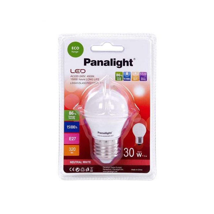 Panasonic-Panalight LDGHV5L45CFE272EPL-ECO Lámpara LED Esférica Frost E27 4W 4500K 270º 2 Panasonic-Panalight LDGHV5L45CFE272EPL-ECO Lámpara LED Esférica Frost E27 4W 4500K 270º 2