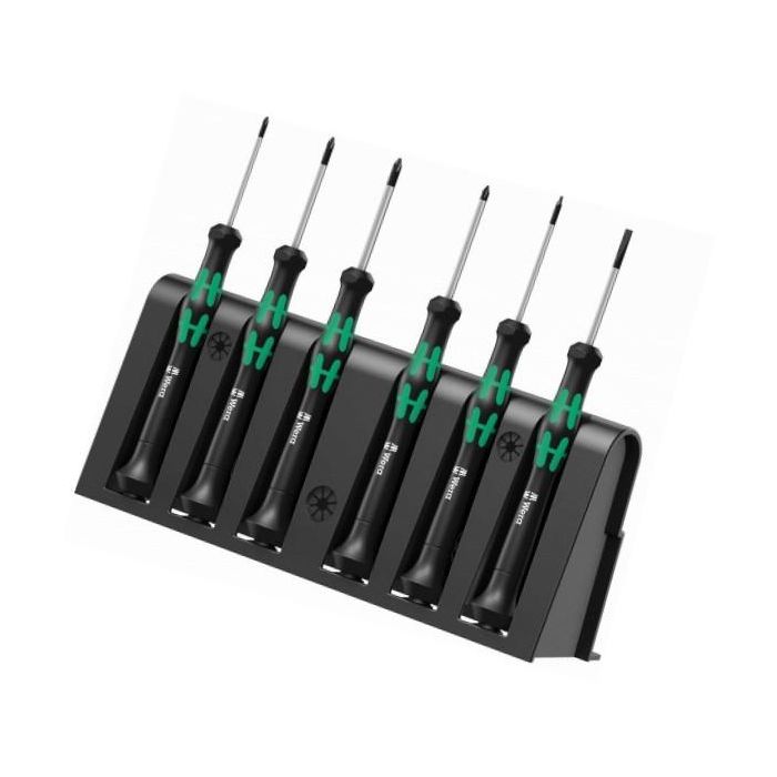 Wera 2050/6 Juego de Destornilladores de Electrónica + Rack, 6 piezas, Planos y Phillips, Mango Ergonómico Aislado