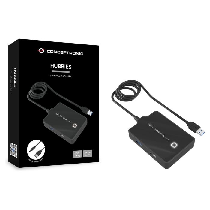 Conceptronic Hubbies10B Concentrador USB 3.0 / 2.0 de 4 Puertos Alta Velocidad 5 Gb/s con Cable de 90cm Plug and Play Negro 2