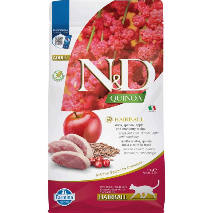 Farmina N&D Cat Quinoa Hairball Pato - Alimento para Gatos Control de Bolas de Pelo, 1.5 kg Farmina N&D Cat Quinoa Hairball Pato - Alimento para Gatos Control de Bolas de Pelo, 1.5 kg