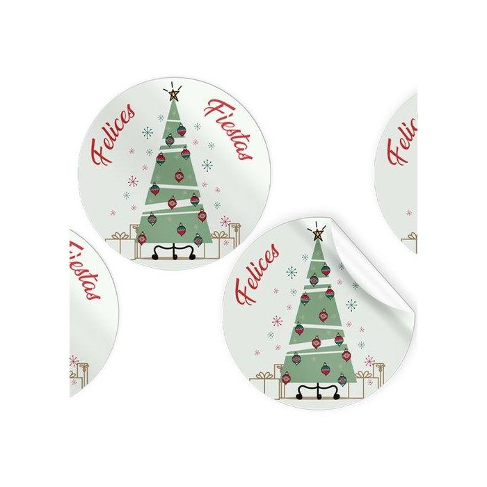 Etiquetas Regalo Adh. Rollo 250 Uds. Redondas Ø 40 Navidad Felices Fiestas Arbol