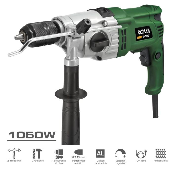 Koma Tools Tp-1050 Taladro Percutor Eléctrico 1050W, Portabrocas Ø13mm Auto, Vel. Variable, Acero 13mm, Madera 30mm, Hormigón 20mm