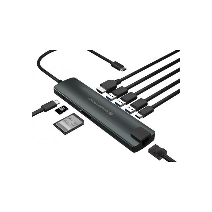Conceptronic Adaptador USB Tipo C con HDMI, Ethernet, 3 Puertos USB 3.1 Tipo A y 2 Tipo C, Lector de Tarjetas SD, Compatible con Mac