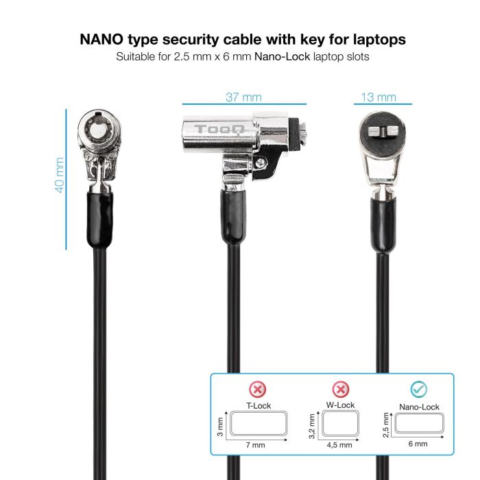 TOOQ Cable de Seguridad Tipo NANO con Llave para Portatiles 1.5 metros, Gris Oscuro 2 TOOQ Cable de Seguridad Tipo NANO con Llave para Portatiles 1.5 metros, Gris Oscuro 2