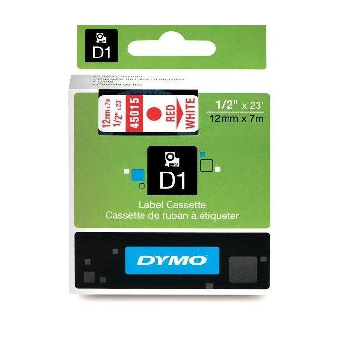 Dymo Cinta De Transferencia Termica D1 45015. Etiquetas Estándar Rojo Sobre Blanco De 12 mmx7M. Poliester Autoadhesiva. Rotuladora Labelmanager