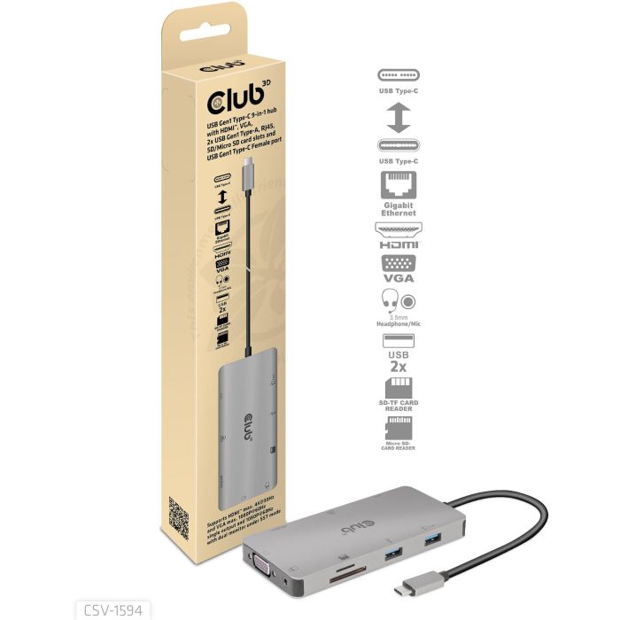 Club3D USB-C 9in1-HUB >HDMI/VGA/2xUSB/USB-C/RJ45/SD PD100W 12 Club3D USB-C 9in1-HUB >HDMI/VGA/2xUSB/USB-C/RJ45/SD PD100W 12