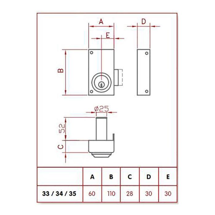 Cerradura de sobreponer solo llave. derecha jis 33-6d jis 1