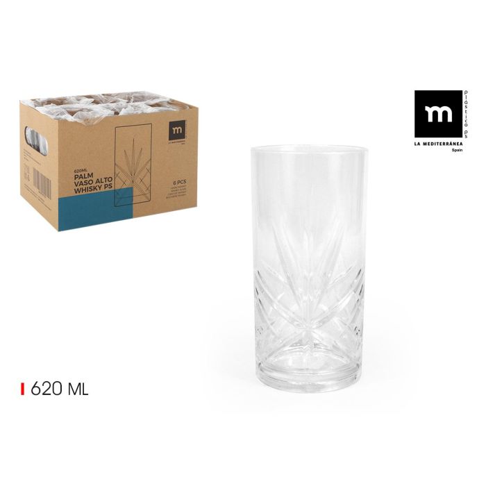 La Mediterranea Vaso de Whisky Alto Modelo Palm, 620 ml de Capacidad, Fabricado en Plástico PS, 15,9 cm Alto x 7,8 cm Diámetro (24 Unidades)