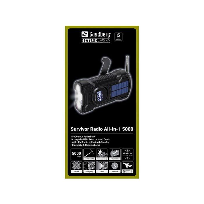 Sandberg Radio de Supervivencia Multi-Función 5000 con Powerbank, Altavoz Bluetooth, Linterna, AM/FM y Carga Solar/Manivela 8 Sandberg Radio de Supervivencia Multi-Función 5000 con Powerbank, Altavoz Bluetooth, Linterna, AM/FM y Carga Solar/Manivela 8