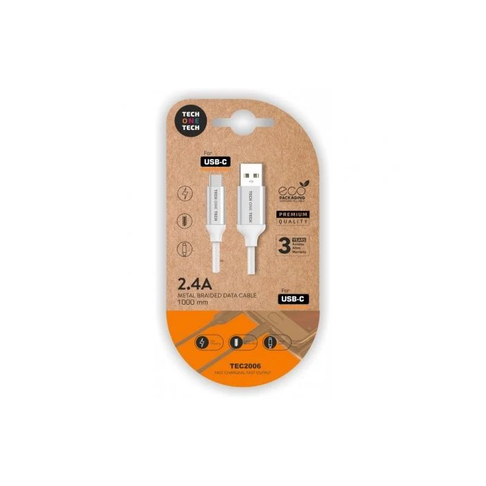 Tech One Tech Cable USB-A a USB-C 1m Blanco Nylon Carga Rápida Datos Resistente Duradero