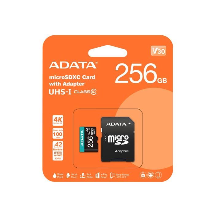Adata Tarjeta de Memoria microSDXC 256GB UHS-I U3 Clase 10 V30 A2, Rendimiento Hasta 100MB/s, con Adaptador, AUSDX256GUI3V30SA2