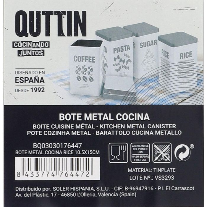 Quttin Bote de Cocina Metálico Rice 10.5 x 15.5 cm (12 Unidades)