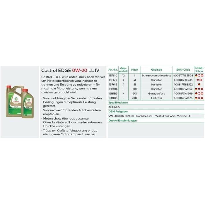 Aceite de motor - CASTROL - EDGE 0W-20 LL IV - 1L 2 Aceite de motor - CASTROL - EDGE 0W-20 LL IV - 1L 2