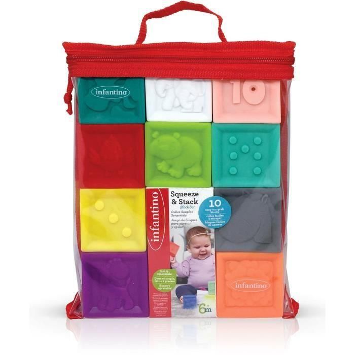 Infantino 10 Cubos Sensoriales Multicolores Blandos Apilables con Diseños de Animales y Números en Bolsa de Vinilo 2