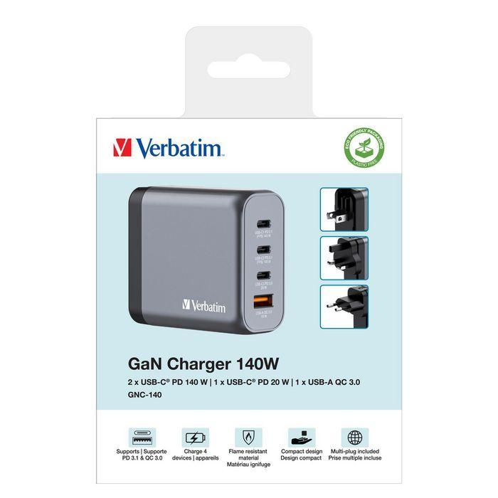 Verbatim Gnc-140 Cargador de Pared Gan 140W con 1 Puerto USB-A 3.0 y 3 Puertos USB-C 3.0 6