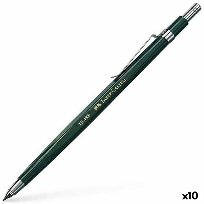 Faber Castell Portaminas TK4600 de 2mm con Clip de Metal y Afilaminas Integrado, Cuerpo Hexagonal Verde para Dibujo y Bocetos (Set de 10)