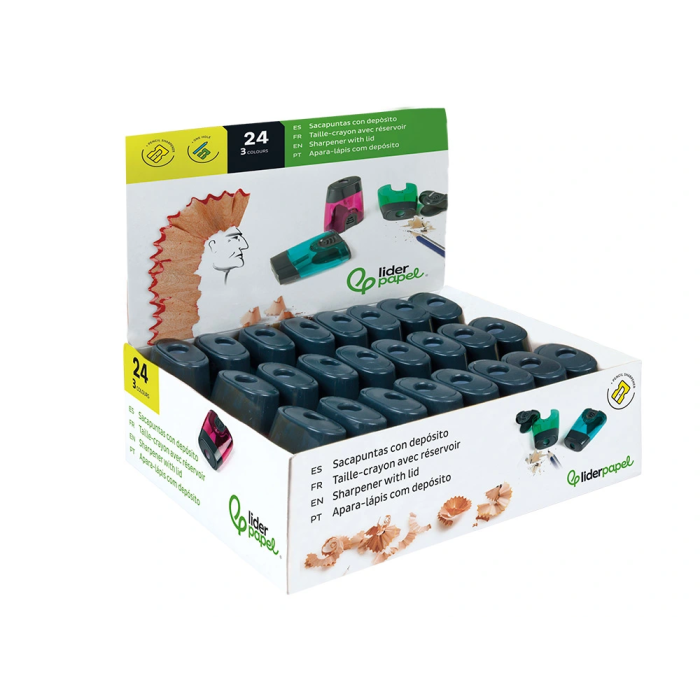 Liderpapel Sacapuntas de Plástico de 1 Uso con Depósito y Protector Metálico, Colores Surtidos 7