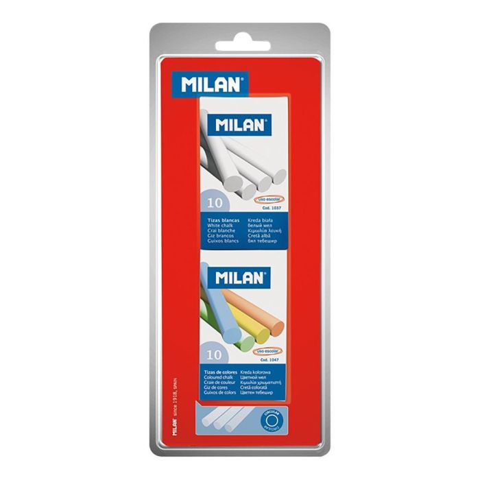 Blister con 1 caja de 10 tizas blancas + 1 caja de 10 tizas de colores milan Blister con 1 caja de 10 tizas blancas + 1 caja de 10 tizas de colores milan