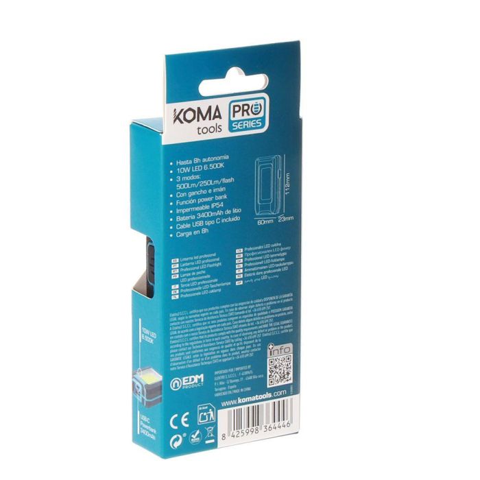 Koma Tools Linterna LED Recargable Profesional 10W 500 Lumens, Batería 3400 mAh, Función Power Bank, IP44, con Gancho e Imán, Autonomía 8h, Color Azul/Negro