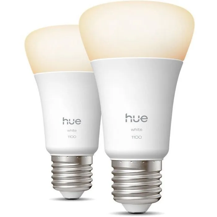 Philips Hue Pack de 2 Bombillas LED A60 Conectadas AABUO37070, Luz Blanca Cálida 2700K, 9.5W (Equivalente 75W), 1100 Lúmenes, Casquillo E27