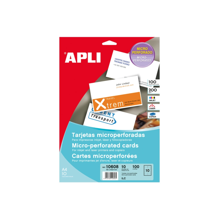 Apli Tarjeta de Visita Microperforada Blanca 200 g/m² Acabado Mate 90x50,8 mm para Impresora Ink-Jet y Láser, 10 Hojas A4