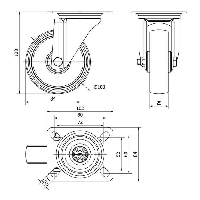 Ruedas Alex Rueda giratoria poliamix con placa y eje liso Ø 10 cm Carga máx. 150 kg Blanco Ruedas Alex Rueda giratoria poliamix con placa y eje liso Ø 10 cm Carga máx. 150 kg Blanco
