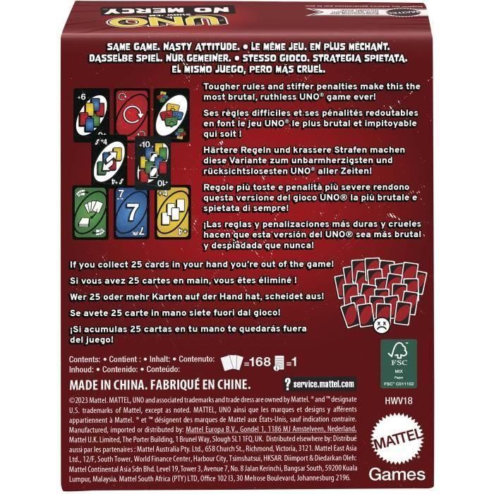 Mattel Juego de Cartas Uno No Mercy. La edición más despiadada con reglas y cartas especiales, ideal para mayores de 5 años. Español/Portugués. 1