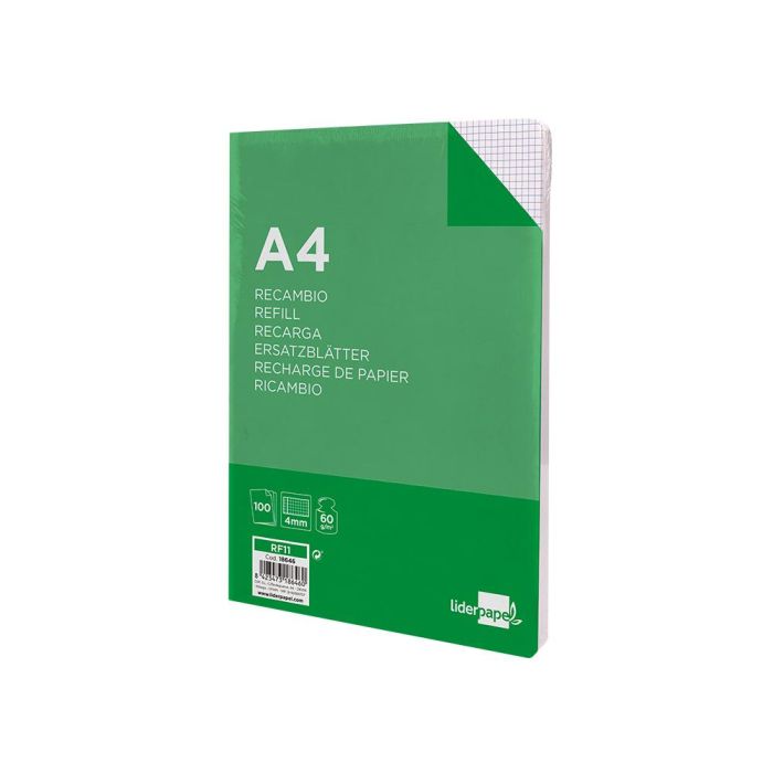 Recambio Liderpapel A4 100 Hojas 60 gr-M2 Cuadro 4 mm Con Margen 16 Taladros 2