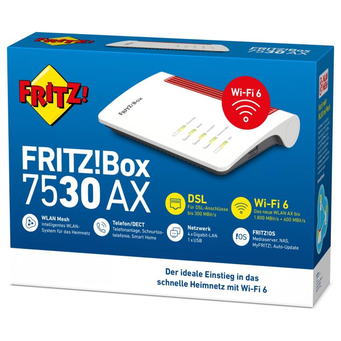 AVM Fritz!Box 7530 AX Router Wi-Fi 6 Doble Banda Ethernet ADSL Gigabit Ethernet VDSL Dual Band 2.4GHz 5GHz hasta 2400 Mbps 3