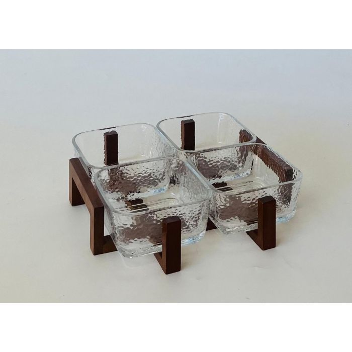 DKD Home Decor Aperitivo Set de 4 Piezas Transparente Natural Cristal Acacia 22 x 6 x 22 cm