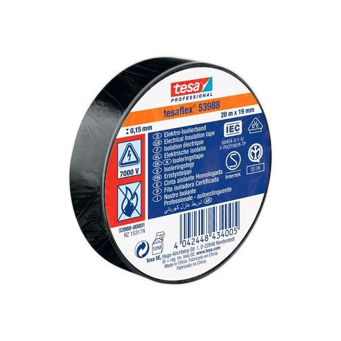 Tesa Cinta Aislante Eléctrica Professional 20M X 19 mm Negro, flex 53988, PVC blando, alta adherencia
