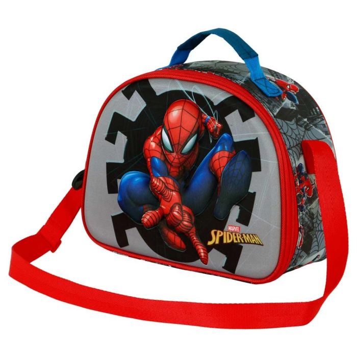 Marvel Spiderman Bolsa Portamerienda Infantil 3D Symbol Spiderman Isotérmica Gris con Asa Bandolera Regulable y Cinta para Carrito 5 L